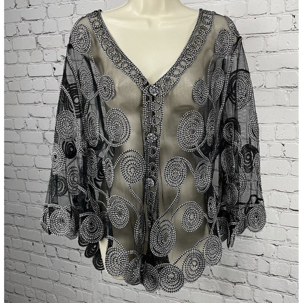 NWT First Choice Black Sheer Rhinestone Button Up 3/4 Sleeve Tunic Top Size O/S